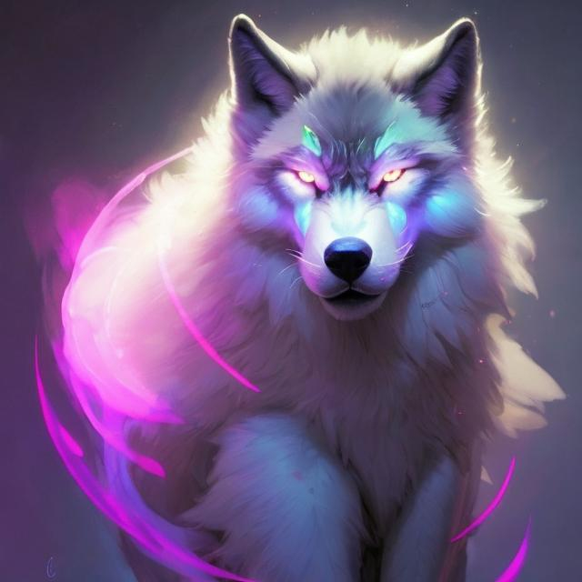 Prompt: very Cute, neon, fluffy, light wolf, possessing the element of the moon and making circles of purple aura flow around in the air in a magical way. Perfect features, extremely detailed, realistic. Krenz Cushart + loish +gaston bussiere +craig mullins, j. c. leyendecker +Artgerm.