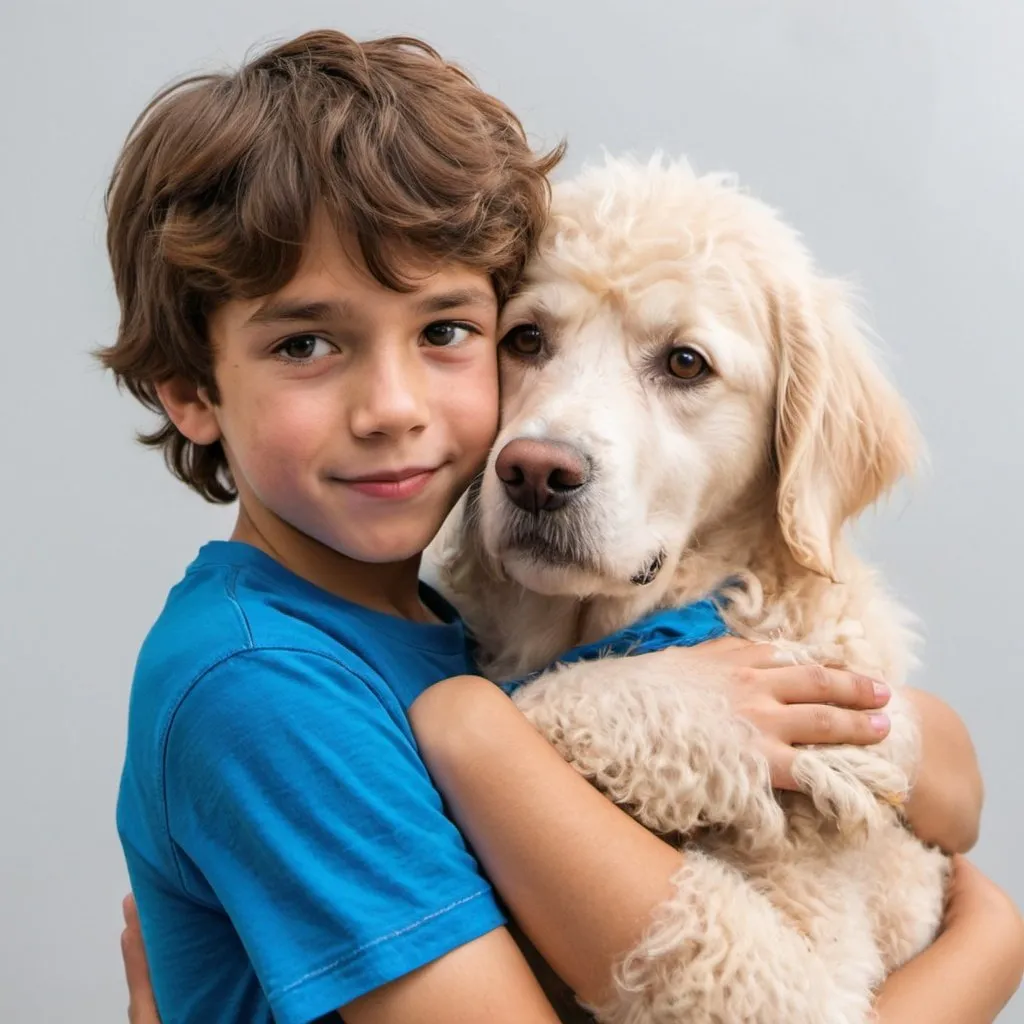 Prompt: a peach skin colored boy with short brown hair wearing a blue t-shirt hugging a white fluffy golden retriever poodle mix dog