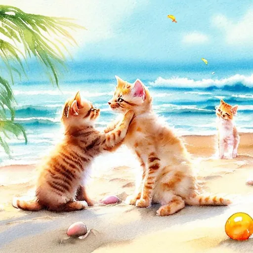 Prompt: Playful scene of two kittens on the beach, sandy shore with gentle waves, soft pastel colors, high quality, detailed fur, cute and lively, sunny and bright, realistic, watercolor style, kittens playing joyfully, sandy paws, peaceful atmosphere, adorable interactions, beautiful sunlight, beach scene, kittens, sandy shore, watercolor, detailed fur, pastel colors, playful, sunny, peaceful atmosphere