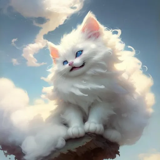 Prompt: very Cute, white, fluffy, cloud kitten, possessing the element of air and making circles of clouds move around in the air in a magical way. Perfect features, extremely detailed, realistic. Krenz Cushart + loish +gaston bussiere +craig mullins, j. c. leyendecker +Artgerm.