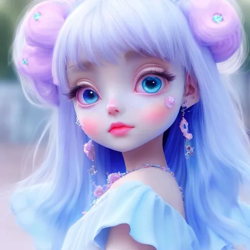 Prompt: Beautiful  girl wearing sky blue dress, anime
, fined features, 8K, fair and glossy skin, big eyes, light makeup, fashion jewelry, baby pink nailpolish, baby pink lips and lavender hair