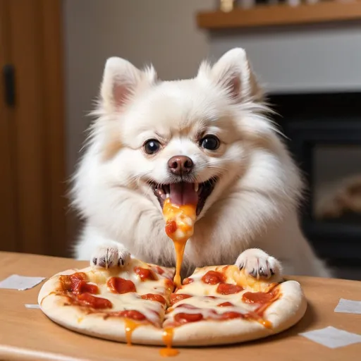 Prompt: a white Pomeranian eating a pizza with a sauce covered mouth happily licking the cheese of its paws