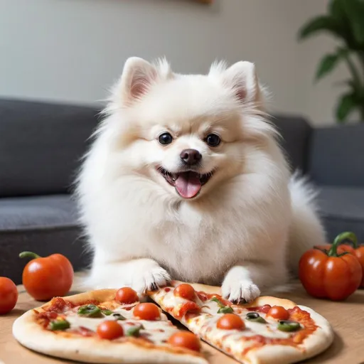 Prompt: a white Pomeranian nomming on a pizza 