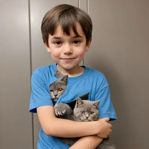 Prompt: a peach skin colored 11 year old boy with short brown hair wearing a blue t-shirt hugging a baby grey scottish fold cat