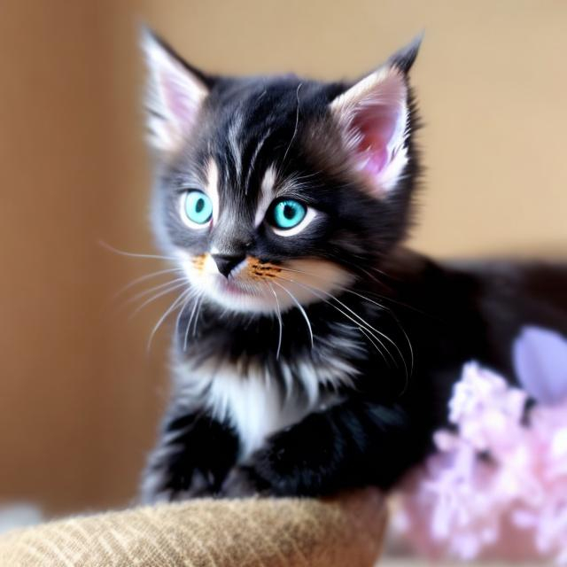 Prompt: a cute black siberian bangle kitten with a lavender gold collar saying willow