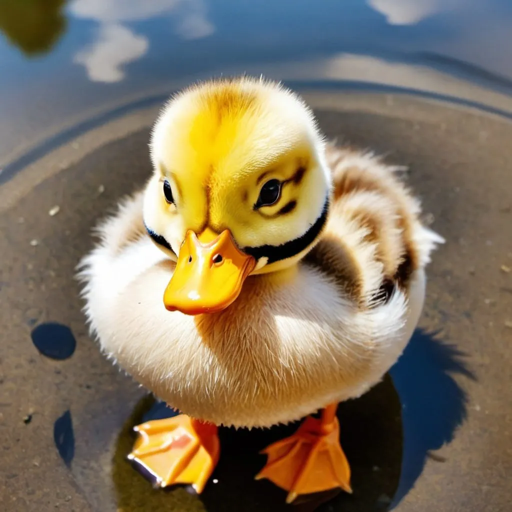 Prompt: sky view of a very cute little fluffy duck thats body looks like a ball and has small legs


