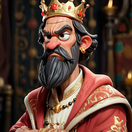 Prompt: Create a cartoon-style king character for a card board game. The king should have distinct Arabian features, including a well-groomed black beard, sharp facial features, and warm olive-toned skin. He wears an opulent gold-trimmed white thobe and a luxurious red and gold embroidered cloak. A golden crown adorned with intricate Arabic geometric patterns sits on his head, symbolizing his royal status. The background should be minimalistic, with subtle desert tones or an ornate palace design. The style should be vibrant and playful, with bold lines and rich colors suitable for a fun board game