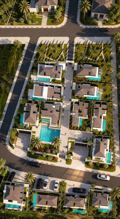 Prompt: **Prompt:**

> Ultra high-end photorealistic aerial top-view luxury villa community, based exactly on the attached masterplan image, preserve the same layout, same road placement, same villa positions, same landscaping arrangement, same camera angle, same top-down composition strictly unchanged. Remove all text labels, villa numbers, road numbers, symbols, markings, and overlays completely. Transform the flat plan into an ultra-luxury real aerial photograph of an exclusive gated villa estate. Each villa must look architecturally premium with refined modern design, realistic rooftops, glass details, premium façades, elegant private pools with crystal blue water, lush manicured gardens, mature palm trees, rich landscaping, stone pathways, luxury driveways, parked upscale cars, subtle people presence, premium urban planning symmetry. Roads should look realistic asphalt with painted curbs, soft sun reflections, shadows from trees and buildings. Add depth, realism, rich textures, natural sunlight, cinematic golden-hour tones, crisp contrast, premium luxury resort atmosphere. Make the entire community feel like a billionaire-level branded residential enclave in Marrakech or Dubai. Hyper-detailed vegetation, realistic water reflections, high-end drone photography realism, ultra sharp 4K, HDR, magazine-quality real estate marketing image, extremely luxurious and polished.

**Negative Prompt:**

> text, labels, numbers, map style, cartoon render, flat textures, low detail, blur, poor lighting, empty lots, cheap houses, oversaturated colors, unrealistic pools, distorted roads, messy landscaping, CGI toy look, low resolution, artifacts
