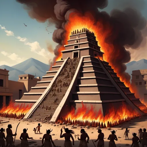 Prompt: The demon temple was burned. From Huitzilopuchtli, in the neighborhood, from Tlacateco. Doors of fire that reached the sky and burned everything, the natives had a great uproar and shouted the fire, when they put out a fire, more fire was lit then everything was burned.