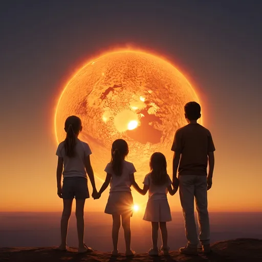 Prompt: (Mother and Father Rise Together), A small group of girls and boys watch two suns rising together on planet Earth 2.  The surface of each sun is featureless.