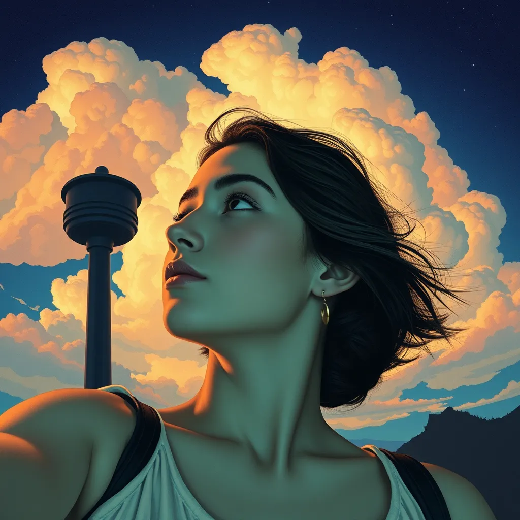 Prompt: A young woman in a selfie in the style of Maxfield Parrish.