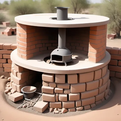 Prompt: Draw an Adobe Stove with a double wall, chimney,  metal grate, fan blower, ash collector, and briquettes feeder for gari processing
Using a measurement 
Distance between walls 4inches
Bricks width 5inches
Diameter of the fan blower is 18mm
Ash collector is measured 7inch height by 2feet length.
Convert all measurements to accurate acceptable for purpose of construction