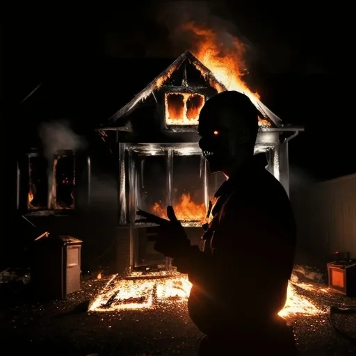 Prompt: Possessed arsonist attempting to burn down a house, dark and eerie atmosphere, detailed flames and smoke, horror, intense facial expression, sinister eyes, haunting shadows, high quality, dark and eerie, realistic, detailed fire, horror, intense gaze, sinister, atmospheric lighting