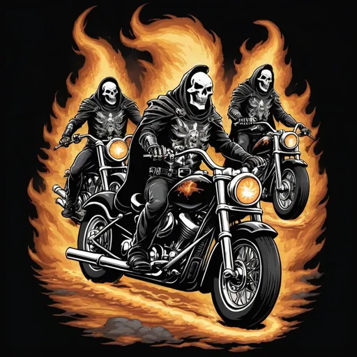 Prompt: Illustrated T-shirt design of the 4 horsemen on motorcycles that look like ghostrider
