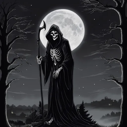 Prompt: the grim reaper comes for you under a moonlit night sky