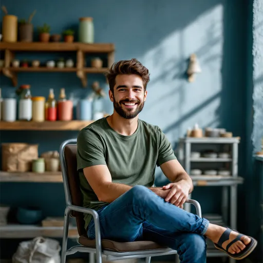 Prompt: A young man sits casually on a silver chair, exuding confidence with a smile that highlights his well-groomed beard. He wears a green t-shirt paired with blue jeans and sports open-toed sandals, giving off a relaxed vibe. The backdrop features a rustic shelf filled with various colorful containers and bottles, indicating a store or a workspace, with subtle hints at natural light illuminating the scene. Textured walls in shades of blue enhance the atmosphere, while slightly scattered objects on the shelves contribute to a lived-in, approachable feel. The overall mood is inviting and relaxed, suggesting a moment of pause in a busy day.