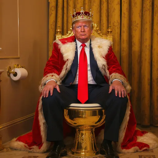 Prompt: President Trump wearing king crown and clothing sitting on gold colored toilet with full view of toilet