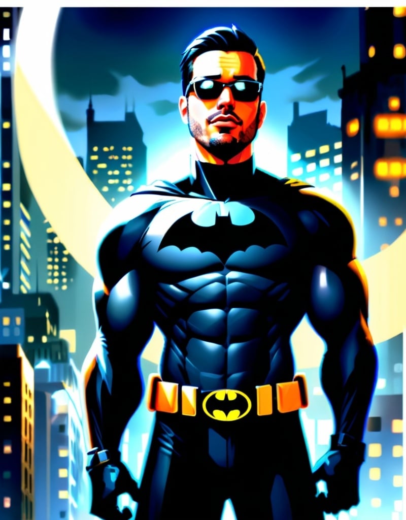 Prompt: 2d dark j horror anime style, boy, anime scene, batman in black batsuit revealing face, wearing shades, full black utility belt, showcasing his physique, toned lean muscle, detailed facial features, Urban Night setting, Gotham City, high quality, realistic, detailed, professional, confident expression, urban background, bat signal, best quality, detailed physique, elegant, dark night lighting