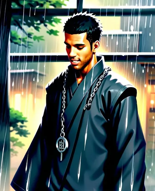 Prompt: 2d dark j horror anime style, boy, anime scene, Hidden Rain Shinobi with silver chains, Shinobi gasmask hanging around neck, Naruto universe, Grey Shinobi Robes, detailed facial features, Hidden Village setting, Raining, high quality, realistic, detailed, professional, confident expression, rural japanese background, best quality, detailed physique, elegant, dark rain lighting