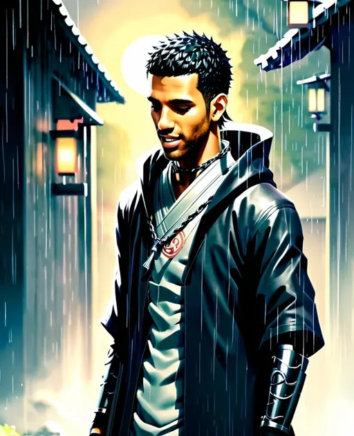 Prompt: 2d dark j horror anime style, boy, anime scene, Hidden Rain Shinobi with silver chains, Shinobi gasmask hanging around neck, Naruto universe, Grey Shinobi Robes, detailed facial features, Hidden Village setting, Raining, high quality, realistic, detailed, professional, confident expression, rural japanese background, best quality, detailed physique, elegant, dark rain lighting