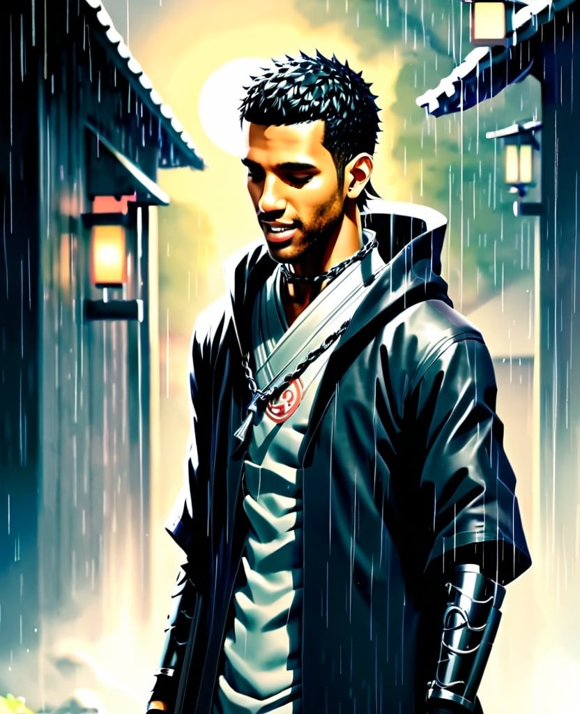 Prompt: 2d dark j horror anime style, boy, anime scene, Hidden Rain Shinobi with silver chains, Shinobi gasmask hanging around neck, Naruto universe, Grey Shinobi Robes, detailed facial features, Hidden Village setting, Raining, high quality, realistic, detailed, professional, confident expression, rural japanese background, best quality, detailed physique, elegant, dark rain lighting