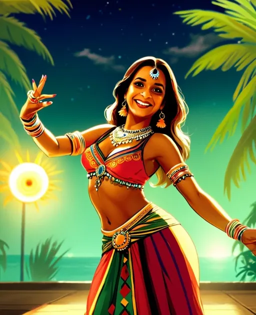 Prompt: 2d dark j horror anime style, girl, anime scene, belly dancer in indian colours, hands twirling in dance, Maputo, Mozambique, high quality, cell shaded, detailed, traditional attire, dance floor setting, nature, confident expression, tropical background, best quality, detailed physique, elegant, classic lighting