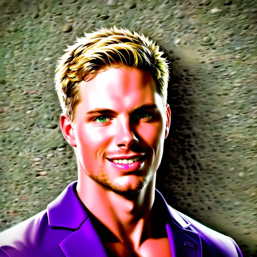 Prompt: boy, blonde hair, green eyes, purple clothing, stocky build, detailed facial features, detailed, professional, confident expression, best quality, elegant