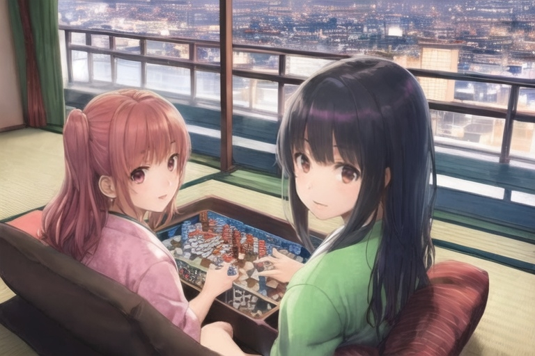 Prompt: two girls playing Boardgames, japan anime style, city apartment background