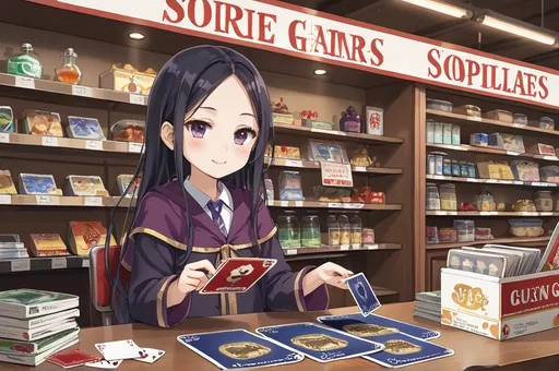 Prompt: A boy and a girl playing trading cards in a game shop, showcasing deckboxes and sleeves, cards on display, shuffling cards, one dressed as a wizard, Shop name is Slide Gaming