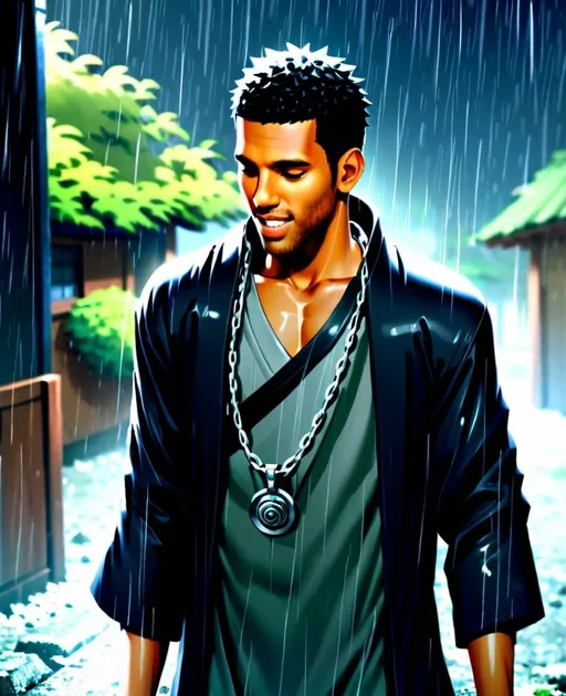 Prompt: 2d dark j horror anime style, boy, anime scene, Hidden Rain Shinobi with silver chains, Shinobi gasmask hanging around neck, Naruto universe, Grey Shinobi Robes, detailed facial features, Hidden Village setting, Raining, high quality, realistic, detailed, professional, confident expression, rural japanese background, best quality, detailed physique, elegant, dark rain lighting