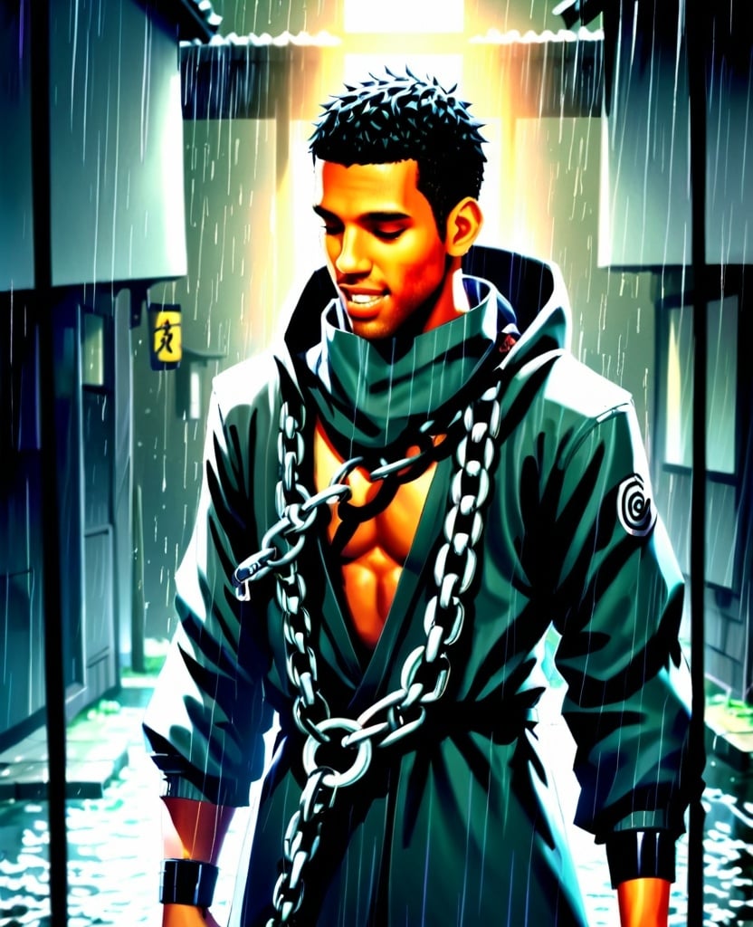 Prompt: 2d dark j horror anime style, boy, anime scene, Hidden Rain Shinobi with chains, wearing Shinobi gasmask, Naruto universe, Grey Shinobi Robes, detailed facial features, Hidden Village setting, Raining, high quality, realistic, detailed, professional, confident expression, urban background, best quality, detailed physique, elegant, dark rain lighting