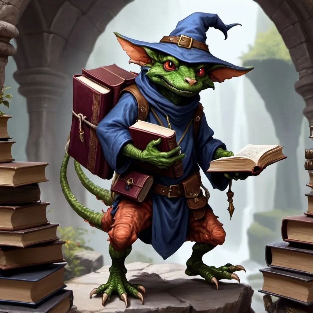 Prompt: Kobold wizard in a fantasy setting carrying a book in each hand and several books tied to it's back. Just way too many books
