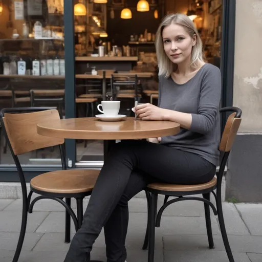 Prompt: Absolut fotorealistische und genaue Darstellung einer Frau, die vor einem Café an einem der Tische sitzt. Auf dem Boden vor ihr liegt ein Mann auf dem Rücken. Sie hat einen ihrer nackten Füße auf seinem Gesicht abgestellt.