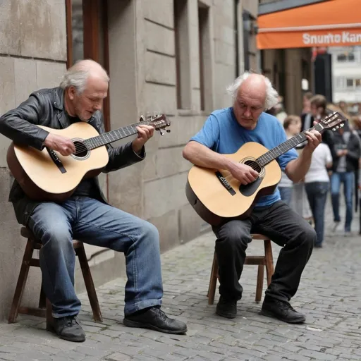 Prompt: Absolut fotorealistische und genaue Darstellung eines Strassenmusikers, der gerade Gitarre spielt.