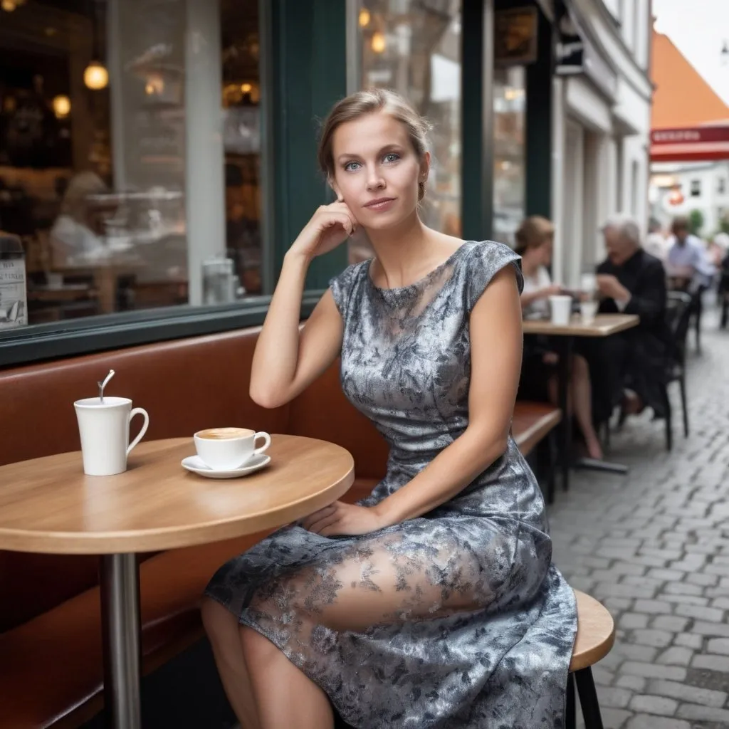 Prompt: Absolut fotorealistische und genaue Darstellung einer Frau in einem schönen Kleid, die vor einem Café an einem Tisch sitzt. Ihre Füße sind nackt. Ihre Zehen und Zehennägel sind gut zu erkennen.