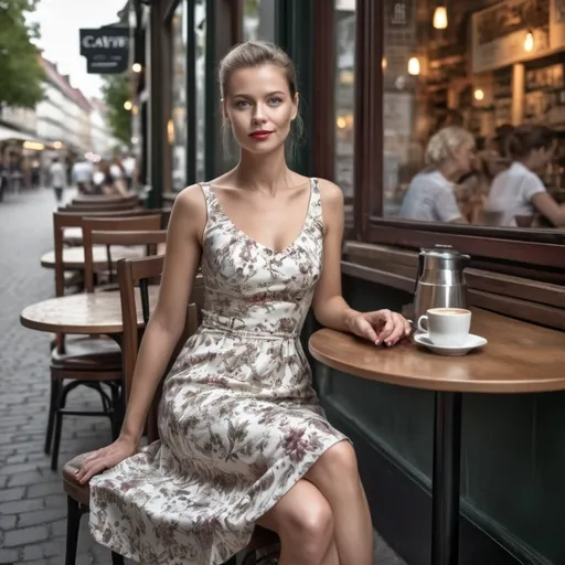 Prompt: Absolut fotorealistische und genaue Darstellung einer Frau in einem schönen Kleid, die vor einem Café an einem Tisch sitzt. Sie trägt hochhackige Sandaletten. Ihre Zehen und Zehennägel sind sehr akkurat geformt. Sie trägt roten Nagellack.