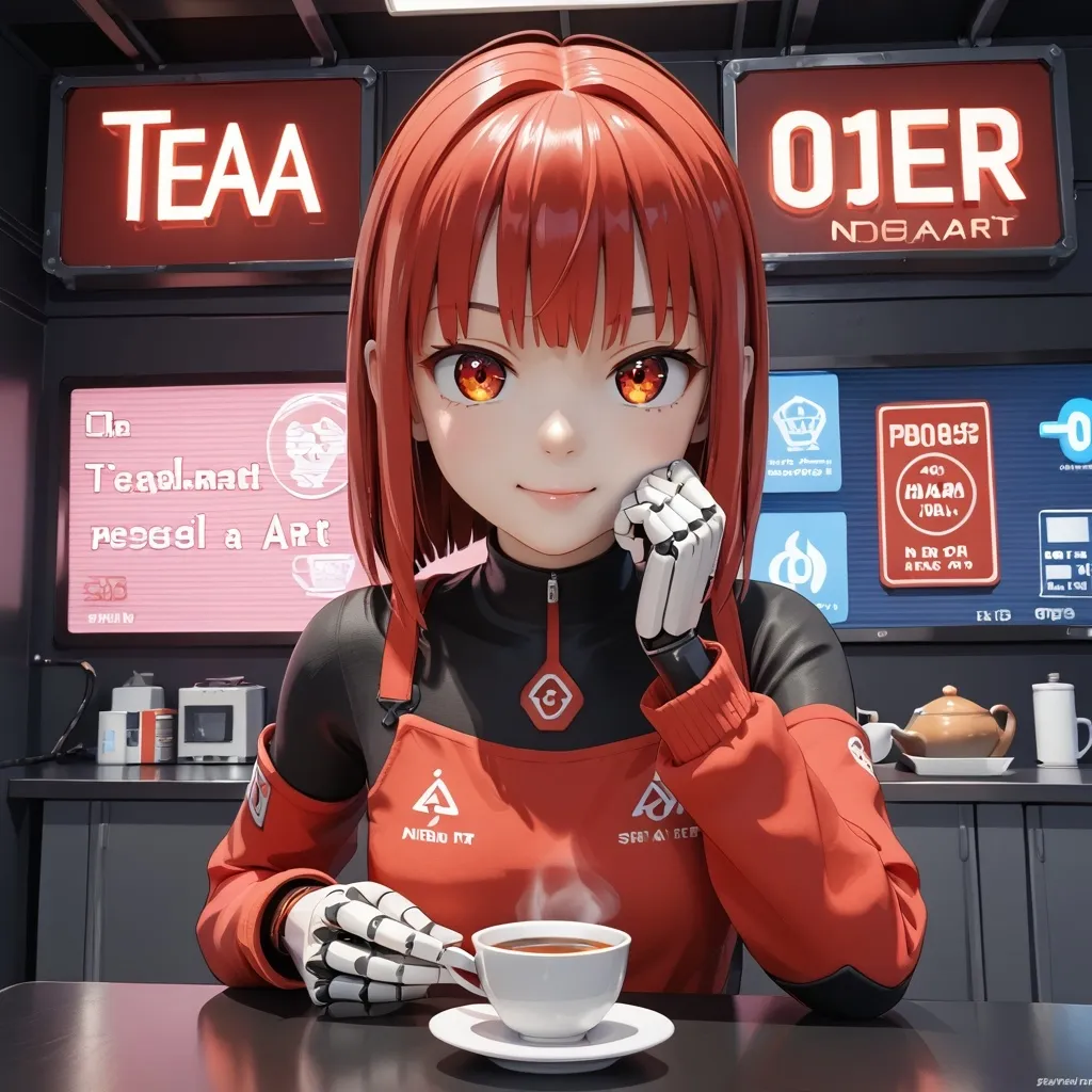 Prompt: a girl with red hair holding a robot in her hand and a neon sign behind her that says red tea, Beeple, space art, redshift render, a 3D render