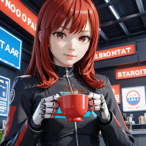 Prompt: a girl with red hair holding a robot in her hand and a neon sign behind her that says red tea, Beeple, space art, redshift render, a 3D render