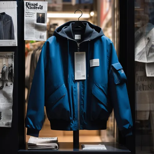 Prompt: a jacket with a tag on it sitting on a rack in a store window with a newspaper behind it, Christian Hilfgott Brand, rayonism, tech wear, a flemish Baroque