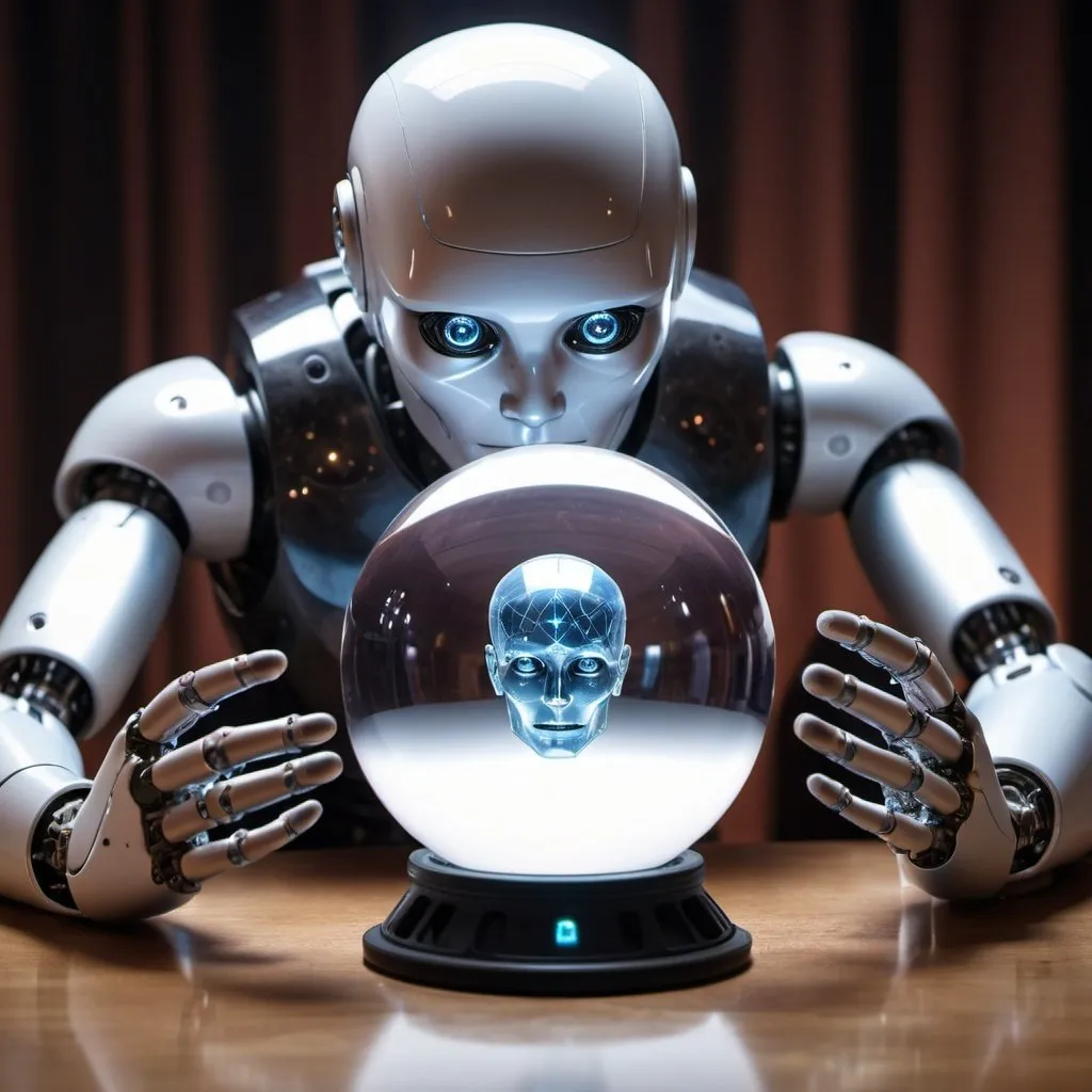 Prompt: A photorealistic image of an AI robot sitting behind a psychic's crystal ball. Both his hands on the ball.