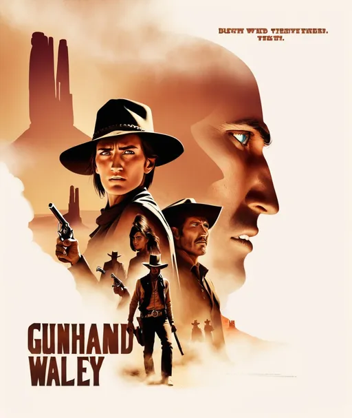 Prompt: A western movie poster, GUNHAND, monument valley background, dust, wind, dramatic, action, multiple characters 