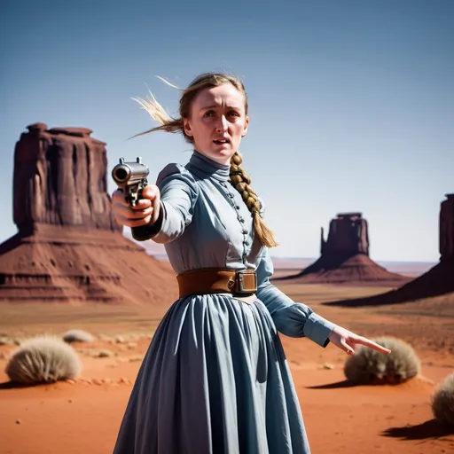 Prompt: actress mhairi calvey pointing a space gun. standing in monument valley. dressed in a simple 19th century dress. wind blowing. hair in a braid.