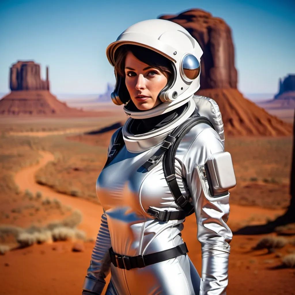 Prompt: Attractive Female astronaut with a tight fitting silver space suit, open helmet, wearing holster, holding space gun.  Standing in Monument Valley.