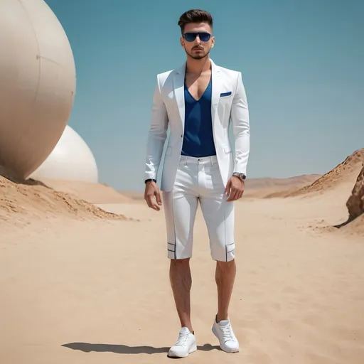 Prompt: full body shot, photoshoot for men summer collection for a futuristic wear, shoot in outdoor, modern photography