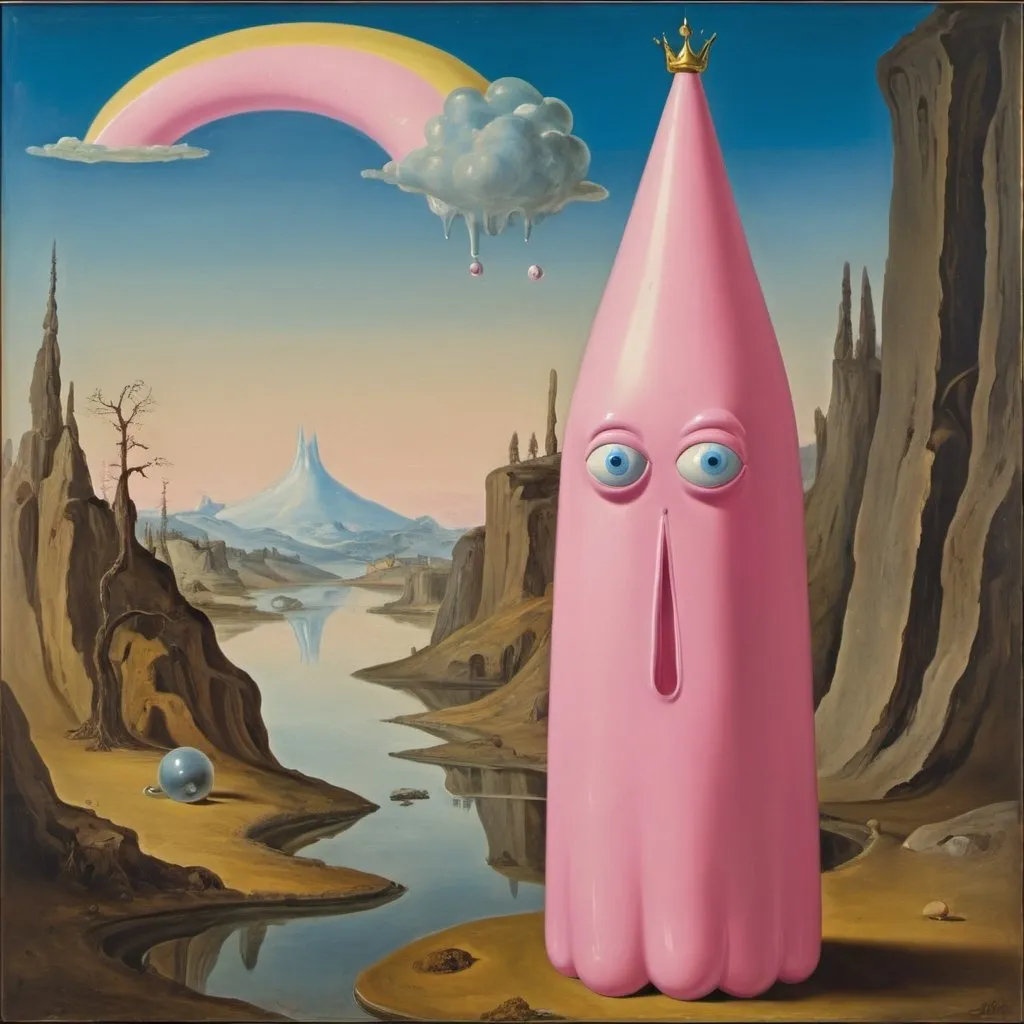 Prompt: Princess Bubblegum from Adventure Time, by Salvador Dali, oil on canvas, 1952
