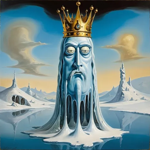 Prompt: Ice King from Adventure Time as painted by Salvador Dali, oil on canvas, 1952