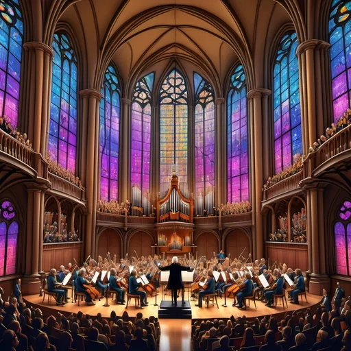Prompt: Colorful cartoon image of Music composer Bach conducting a grand Symphony of 100 musicians, displaying each instrument section harmoniously, set in an ornate Cathedral. Vibrant stained glass windows casting dappled light, energetic atmosphere, dynamic poses, Bach holds two conducting sticks passionately. Ultra-detailed with expressive features, radiating musical talent and enthusiasm, immersive ambiance of creativity and inspiration. 