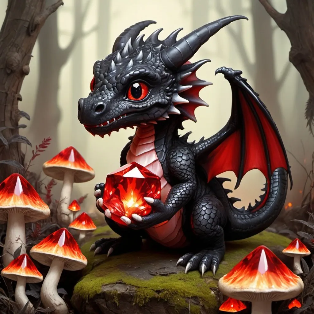 Prompt: baby black dragon holding a flaming red crystal in a mushroom forest in old 
painted style
