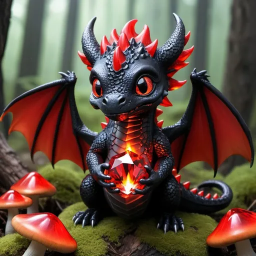 Prompt: baby black dragon holding a flaming red crystal in a mushroom forest