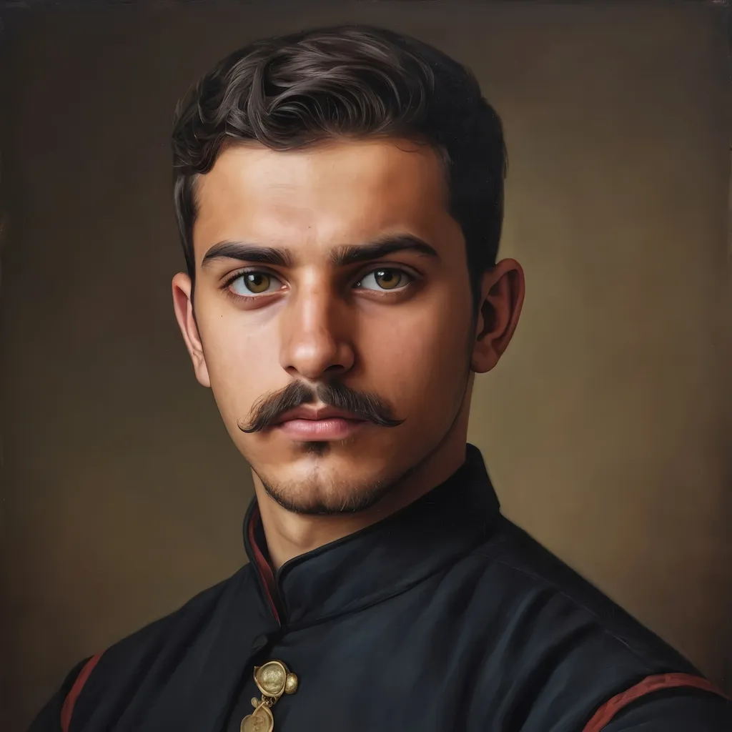 Prompt: a young man with a baby mustache and a shaved beard and a black shirt is looking at the camera with a serious look on his face, qajar art, professional photo, a photorealistic painting